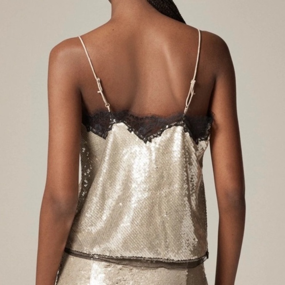 J. Crew Champagne Sequin Camisole with Black Lace Trim - Picture 3 of 12